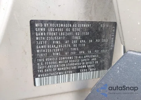 2015 Volkswagen Tiguan Se from USA, damaged, VIN WVGBV7AX2FW518756